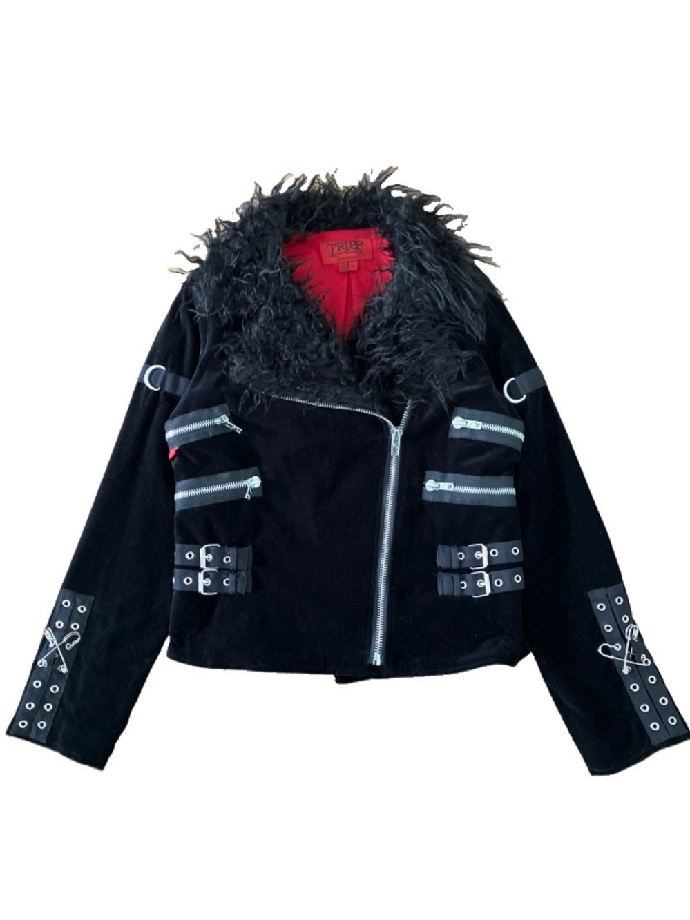 Vintage Tripp NYC Moto Jacket Velvet Faux Fur M Black Bondage Goth Y2K Punk Moto